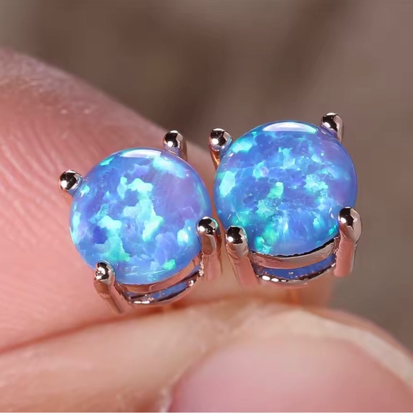 Jewelry - Blue Opal Round Stud Earrings - Elegant Women's Jewelry